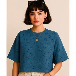 Madewell Sunfaded Blue Embroidered Wide-Sleeve Boxy Tee Size XS NWT
